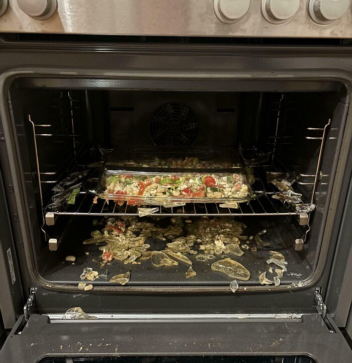 Last Food In The Fridge. Made Feta, Tomato And Leek. Bottom Glass Part Just Blew Up From Temperature…