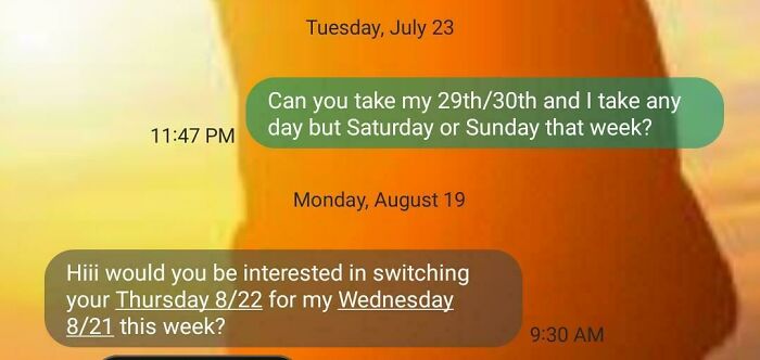 Text message conversation showing people trying to coordinate dates, highlighting selfishness and difficulty working with others.