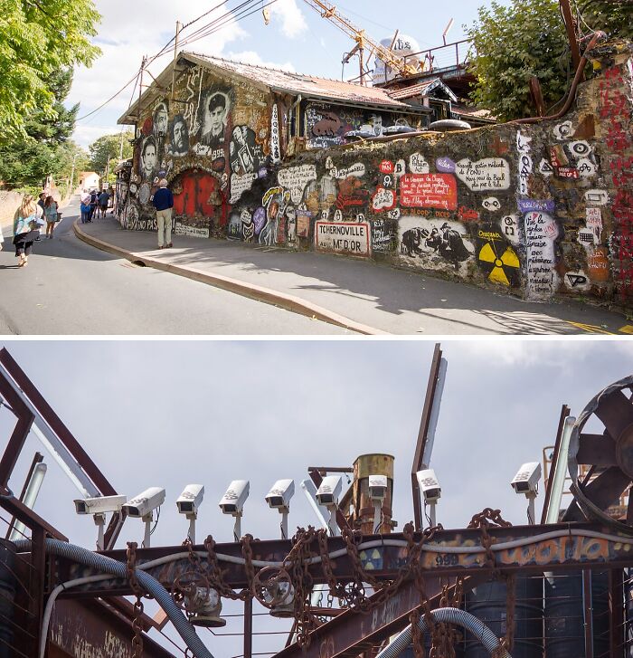 Unusual places featuring a mural-covered building and multiple security cameras in unique outdoor locations.