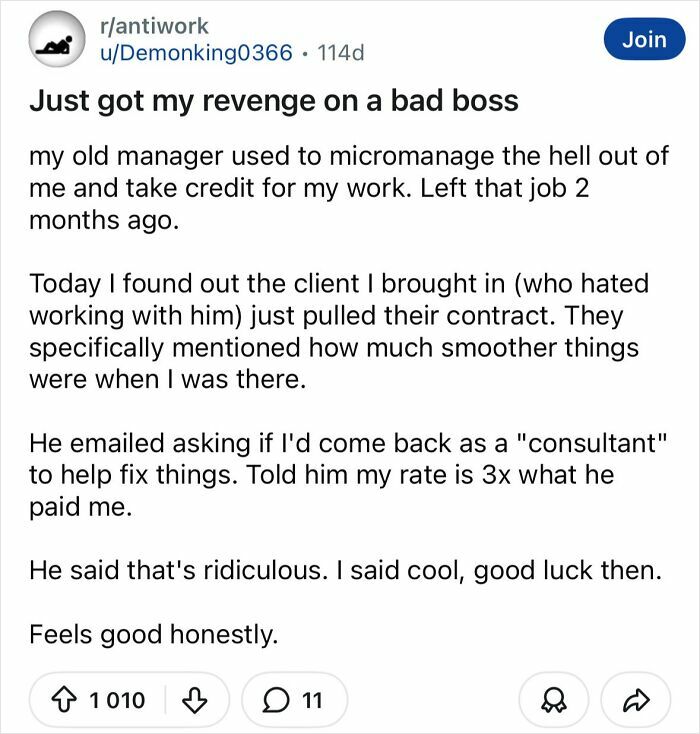 Reddit post in r/antiwork where a user shares a petty revenge story on their boss after leaving the job two months ago.