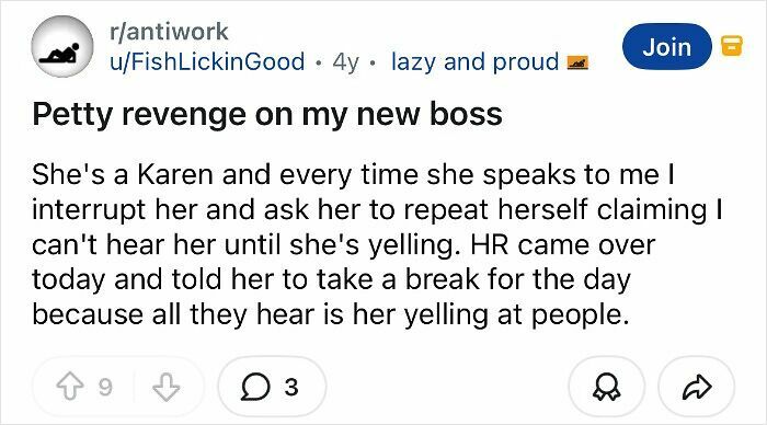 Screenshot of a Reddit post describing petty revenge on a boss by pretending not to hear her until she yells.