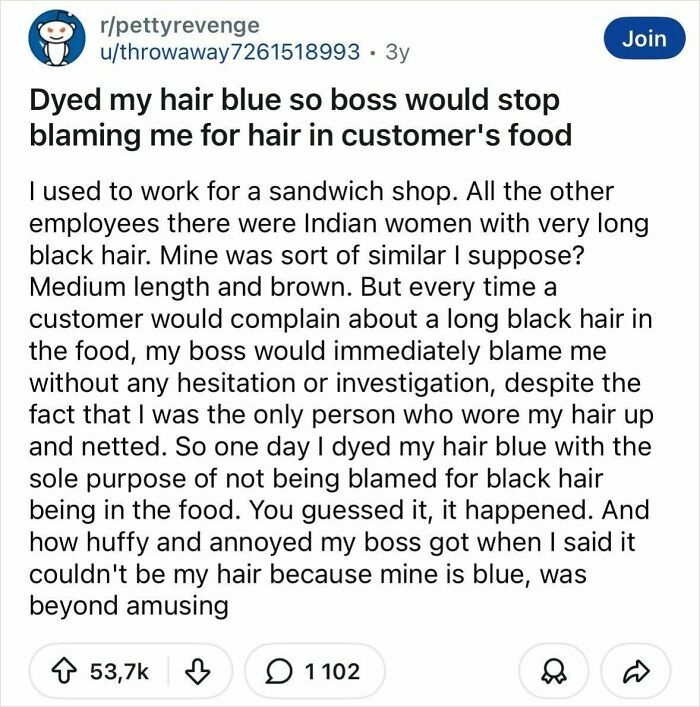 Reddit post describing petty revenge on boss by dyeing hair blue to avoid blame for hair in customer's food.