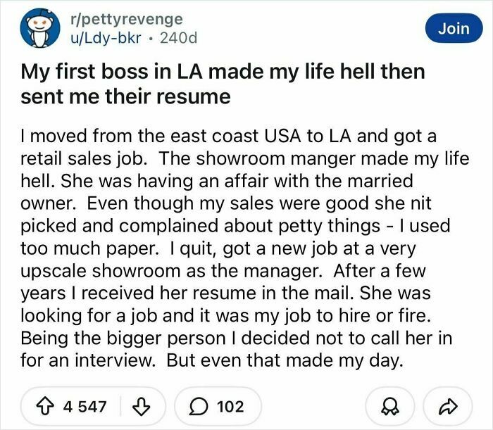 Reddit post sharing a petty and savage revenge story about dealing with a difficult boss in retail sales.