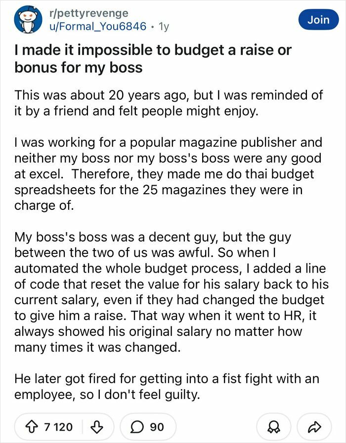 Reddit post describing a petty and savage way someone got revenge on their boss by manipulating budget spreadsheets.