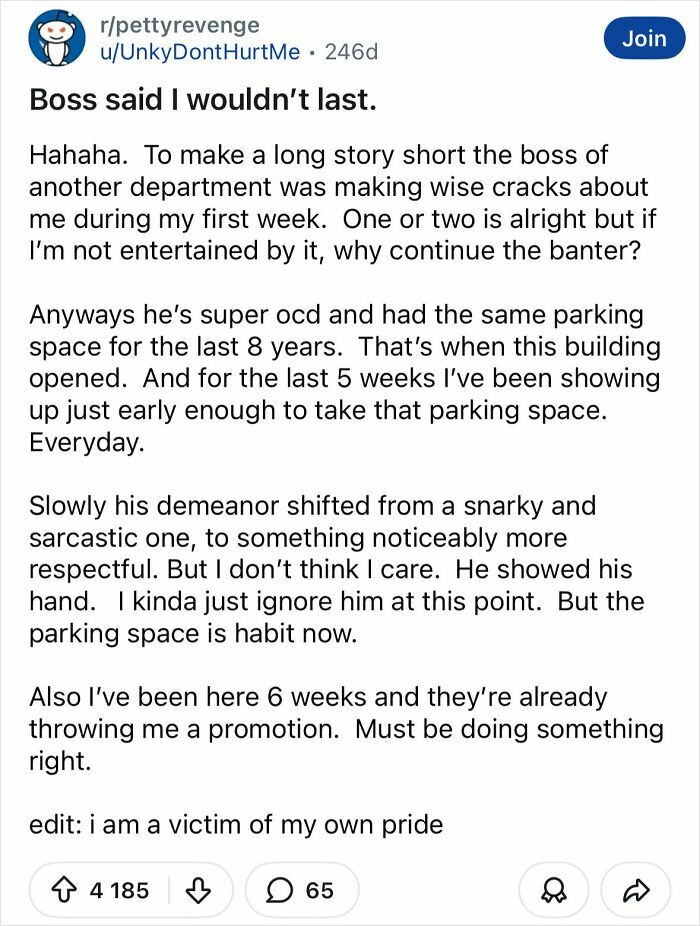 Reddit post from petty revenge about taking a boss's parking space to get subtle workplace revenge.