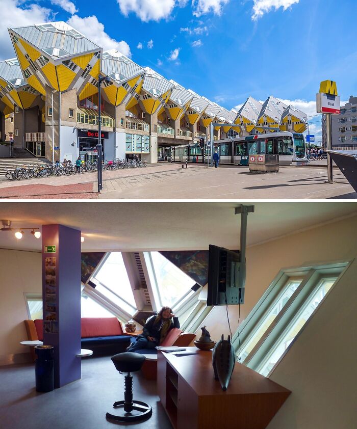 Exterior and interior views of unusual cube houses in Rotterdam, a unique place featured on Wikipedia pages.