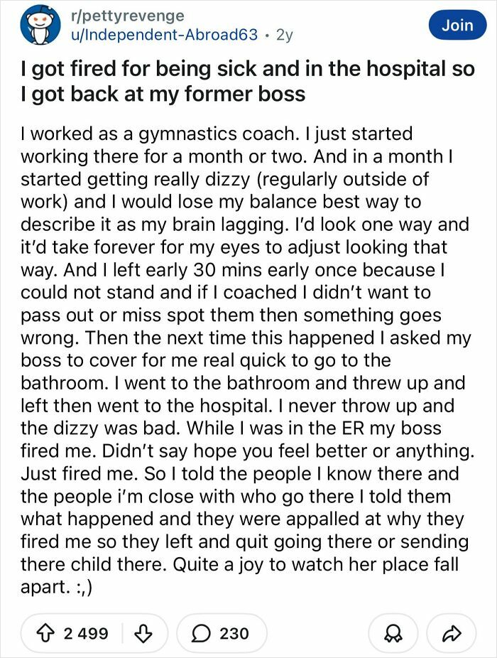 Reddit story of petty revenge on a former boss after being fired while in the hospital for illness recovery.