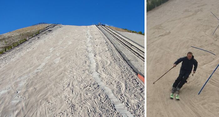 Ski slope covered with sand instead of snow, showcasing one of the unusual places around the world with unique features.