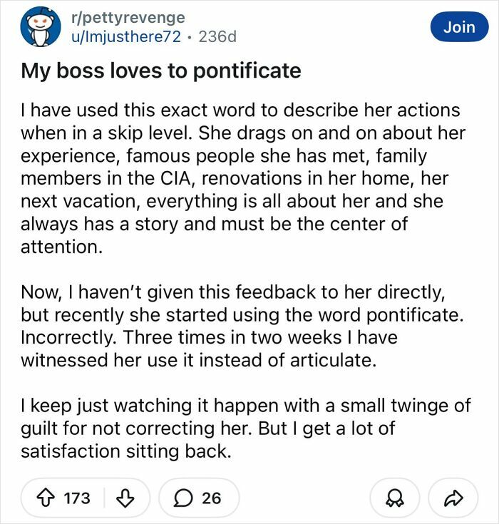 Reddit post sharing a petty revenge story about a boss misusing the word pontificate in work meetings.