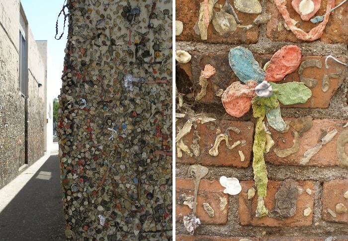 Wall covered with colorful chewing gum pieces forming unusual patterns in a unique and unusual place worldwide.