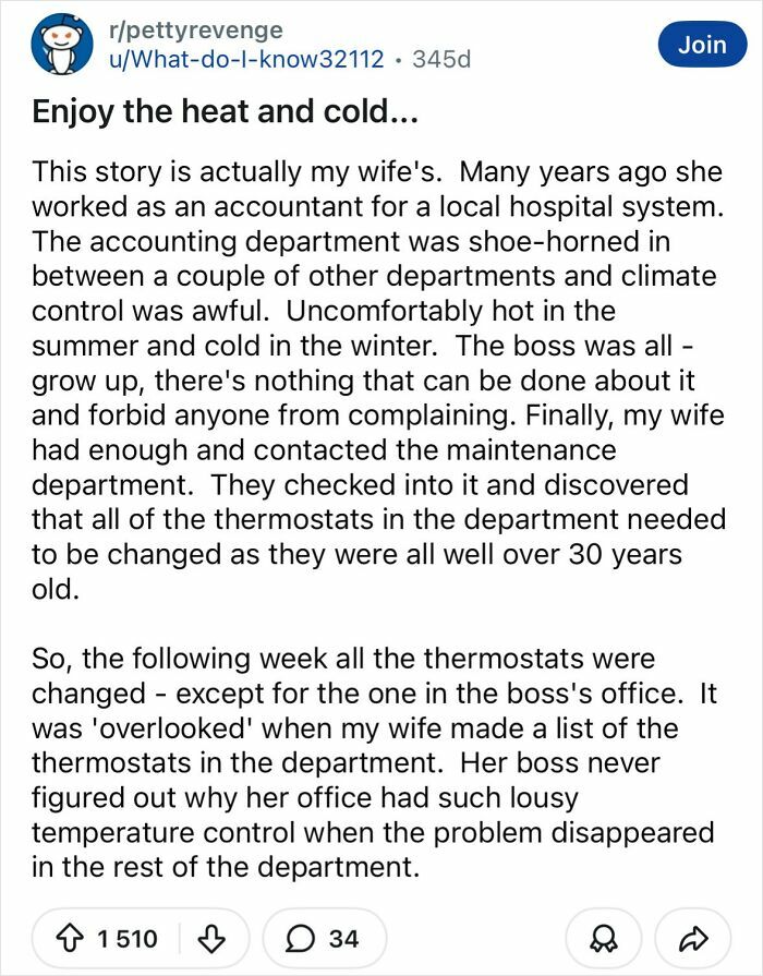 Reddit post in petty revenge subreddit about fixing thermostats everywhere except the boss’s office for workplace temperature control.