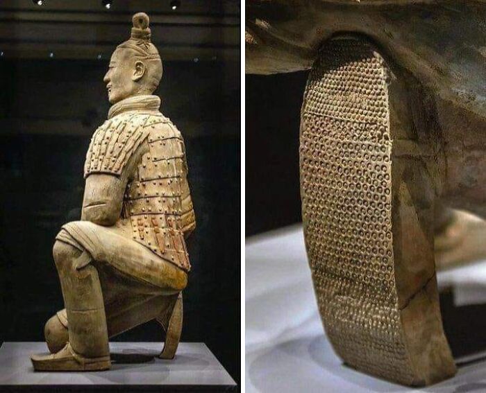 Terracotta warrior statue kneeling with detailed armor and textured sole showing craftsmanship from ancient history rabbit holes.