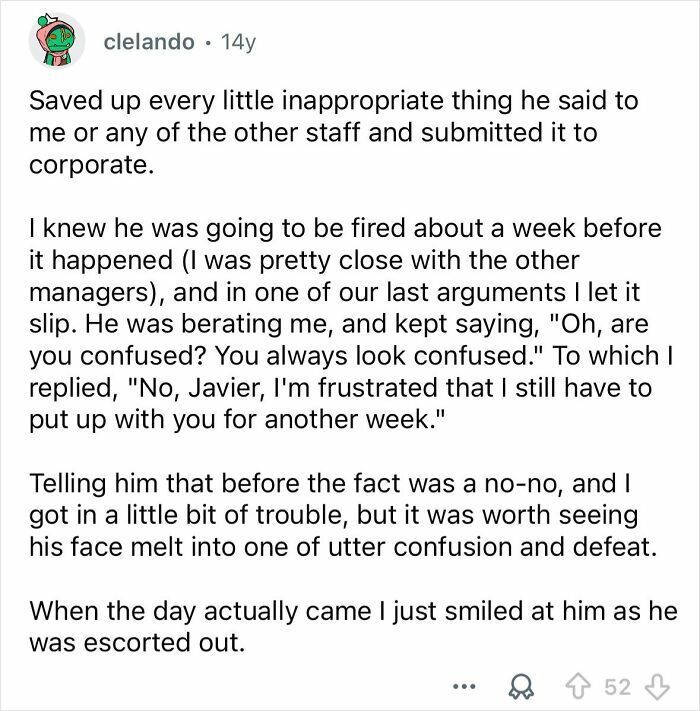 Text post describing a person saving inappropriate comments from their boss to get revenge by reporting to corporate.