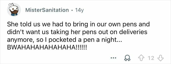 Screenshot of a Reddit comment describing a petty revenge story involving taking pens from a boss at work.