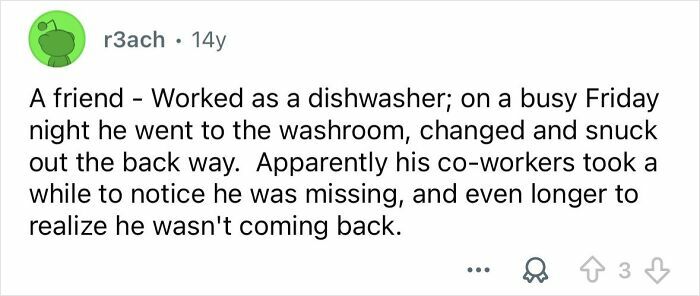 Screenshot of a Reddit comment describing a dishwasher’s petty revenge on his boss by sneaking out during a busy shift.