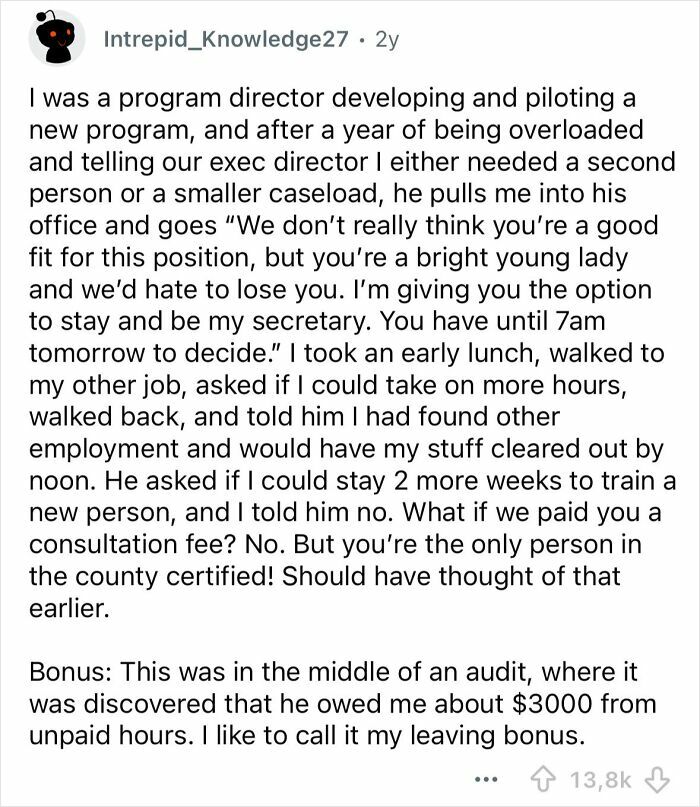 Comment detailing a petty and savage way of getting revenge on a boss by quitting and not training a replacement.