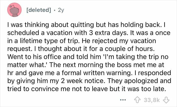 Screenshot of a Reddit post describing a petty revenge story involving a rejected vacation and quitting the job.