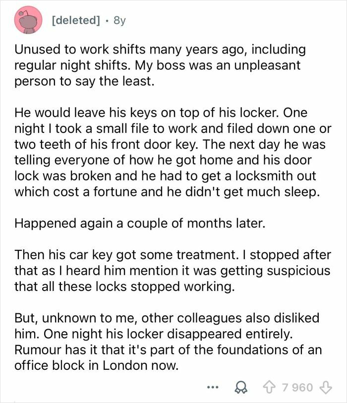Reddit post describing petty and savage ways people got revenge on their unpleasant boss by damaging his keys and locker.