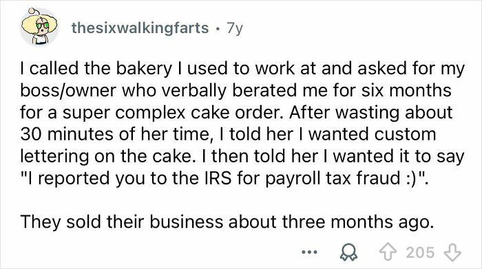 Reddit post sharing a petty revenge story about reporting a boss to the IRS for payroll tax fraud.