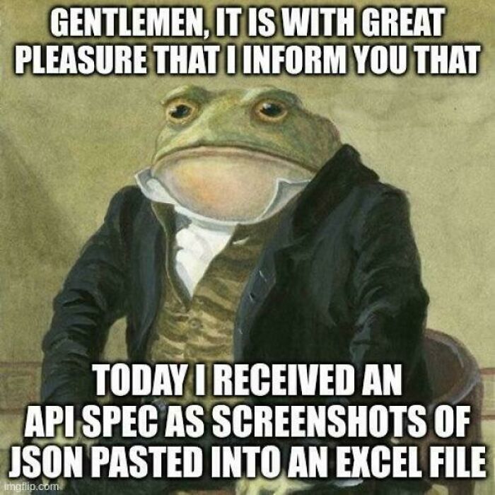 Frog in vintage suit meme about programming struggles with API specs and debugging JSON in Excel files.