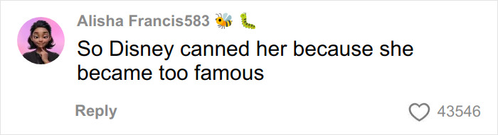 Social media comment about ex-Disneyland Evil Queen mentioning controversial firing and reactions on the platform.