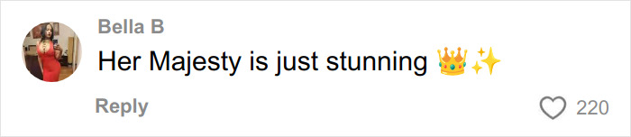 Comment on social media praising a woman as stunning with crown and sparkle emojis, related to Disneyland Evil Queen topic.