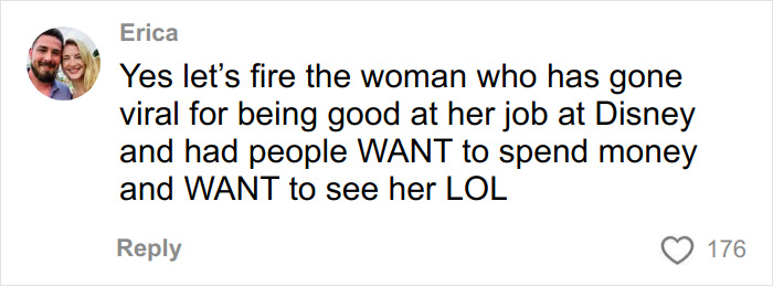 Comment defending the ex-Disneyland Evil Queen, discussing her viral success and controversial firing at Disney.