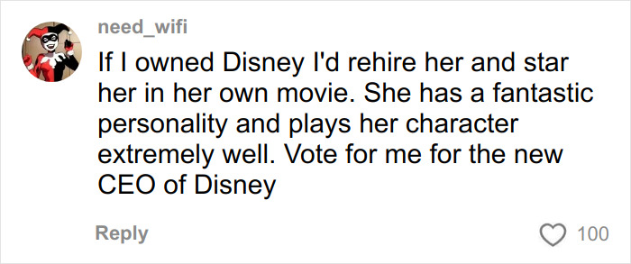 Comment praising the Disneyland Evil Queen performer&rsquo;s personality and acting, suggesting Disney rehire her.