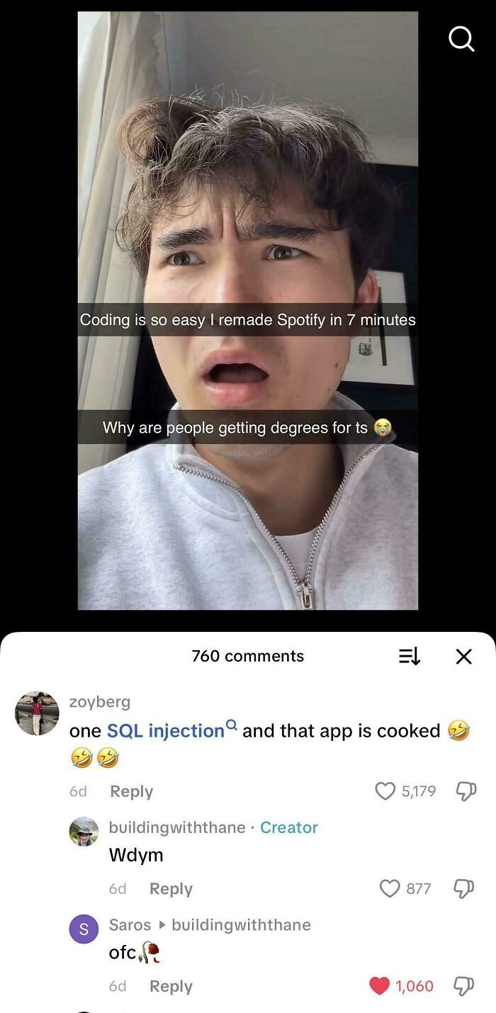 A programmer reacts with disbelief to a meme about coding and the struggles of debugging in software development.