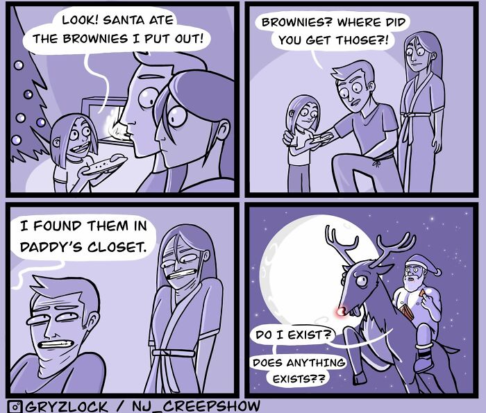 Funny, weird, and dark comic strip showing a family and Santa with a reindeer questioning existence at night.