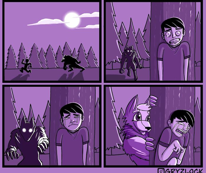 Comic panels depict a funny, weird, and dark transformation of a scary werewolf chasing a boy under a full moon.