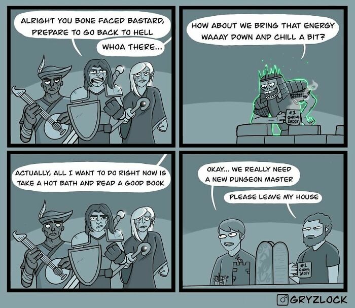 A comic strip showing a darkly funny, weird fantasy scene with adventurers and a ghoulish character holding a tombstone.