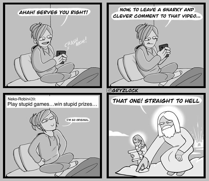 Four-panel comic by Gryzlock showing a character reacting to online comments with funny, weird, and dark humor.