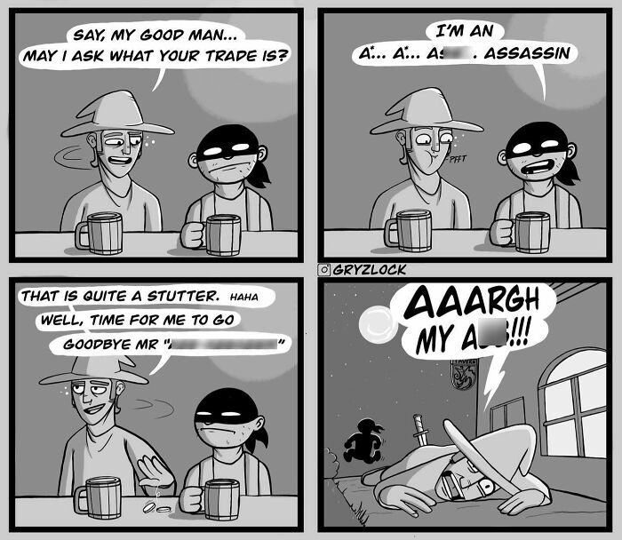 Black and white comic panels showing a humorous and dark interaction between a cowboy and an assassin character.