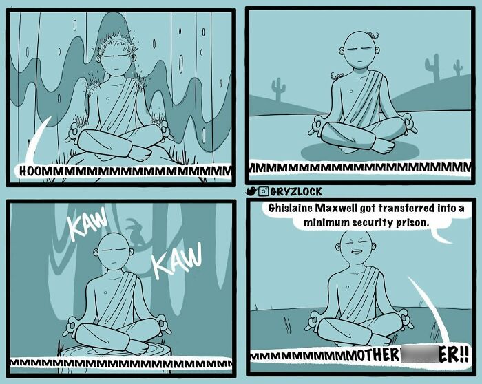 Comic strip showing a meditating figure with funny, weird, and dark humor about minimum security prison.