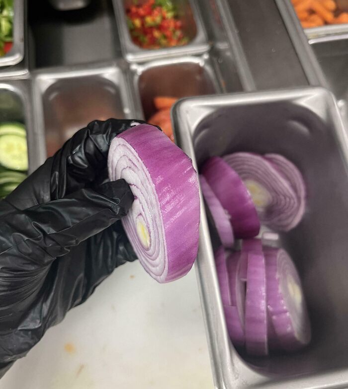 Gloved hand holding a thick slice of red onion near a container, showing work with others fails in food prep.
