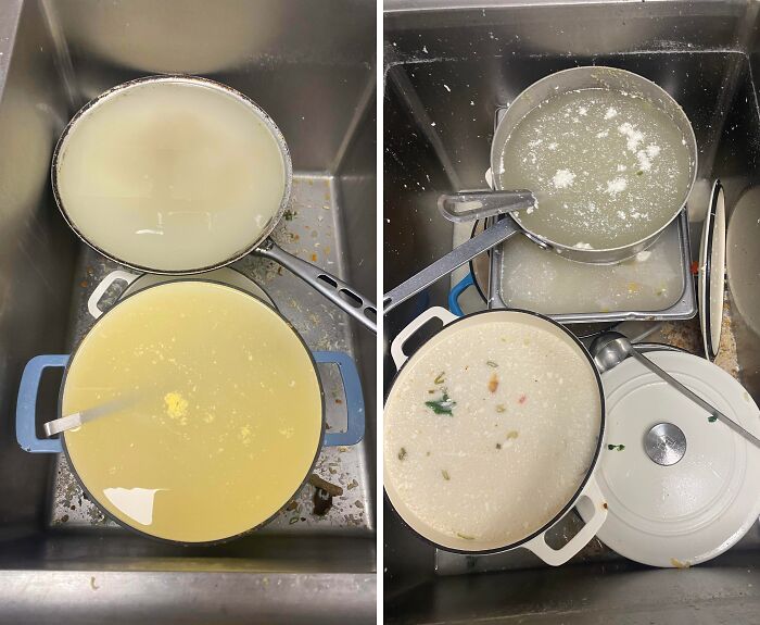 Dirty pots filled with leftover food and liquid in a kitchen sink showing selfish and careless behavior at work.