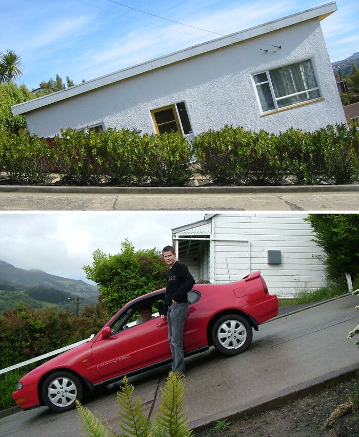 Unusual places featuring a tilted house and a car on a steep angled street, showcasing unique locations worldwide.