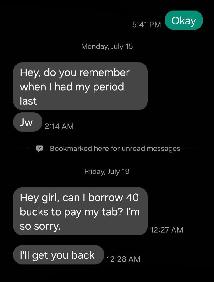 Text message conversation showing selfish behavior with late replies and borrowing money, illustrating difficulties working with others.