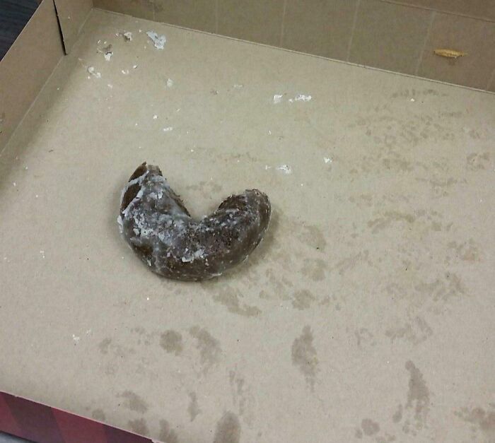 Spoiled, moldy donut left alone in an empty box illustrating selfishness and inability to work with others.