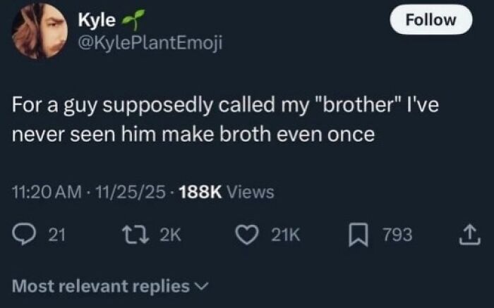 Tweet by Kyle saying he’s never seen his "brother" make broth, with engagement metrics, reflecting hilarious memes with cynicism.