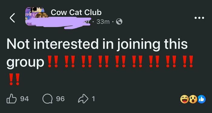 Social media post showing a user expressing refusal to join a group, reflecting boomers trying technology and failing.