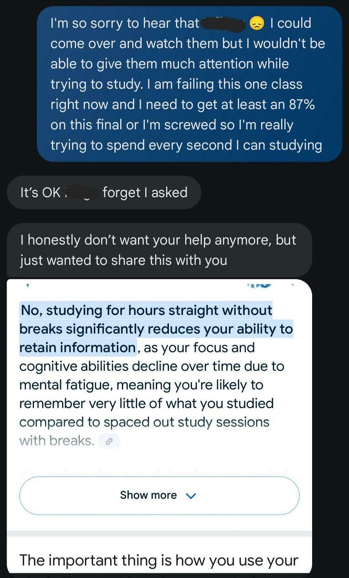 Text message exchange showing a selfish person refusing to help others, illustrating problems working with others.