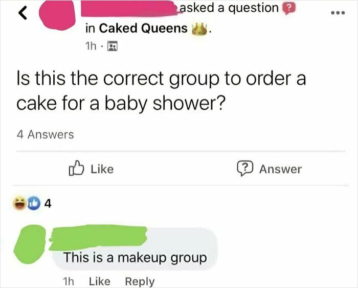 Social media post where a Boomer mistakenly asks a makeup group about ordering a baby shower cake, showcasing tech fail.