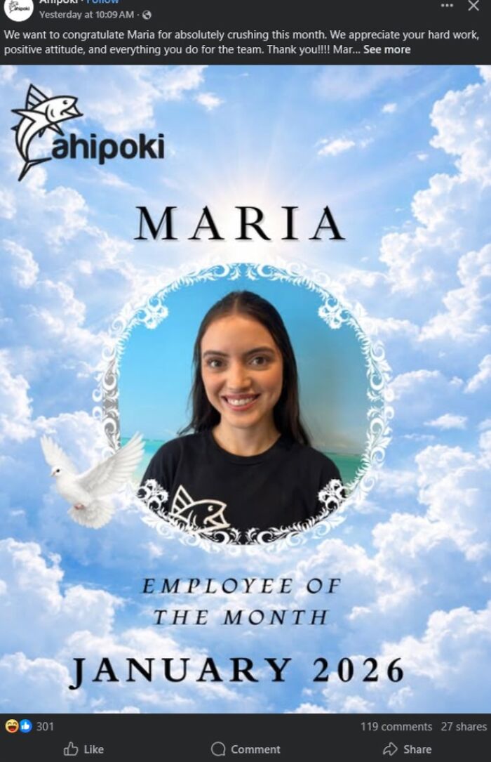 Young woman smiling in employee of the month graphic with sky background showing boomers struggling with technology fails