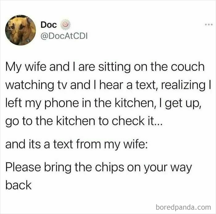 Funny and chaotic marriage meme about receiving a text from wife asking to bring chips while watching TV on the couch