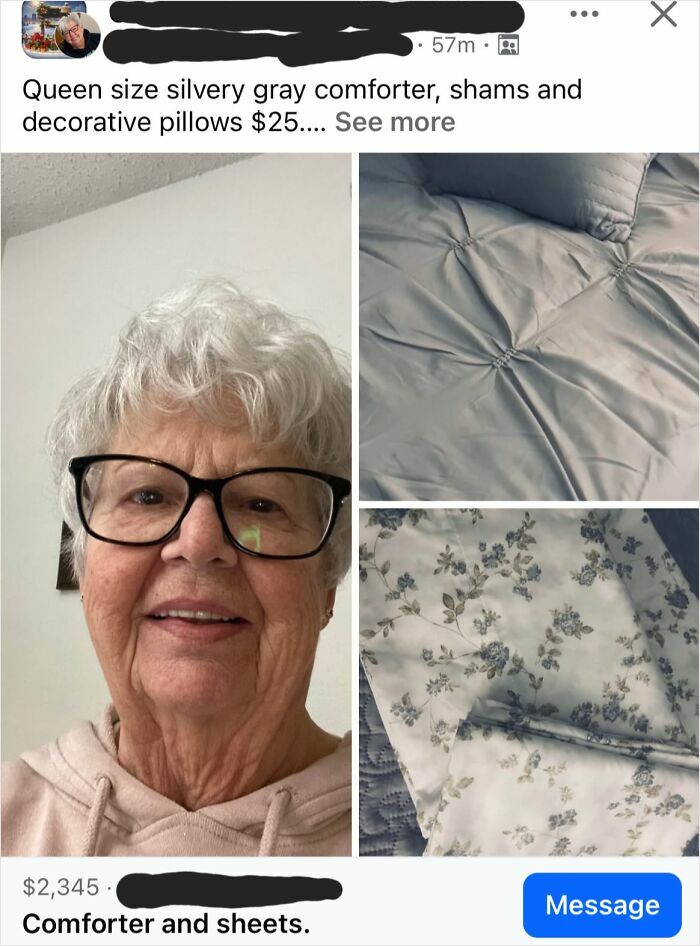 Older woman selling comforter and sheets online, illustrating boomers struggling with technology and online listings.