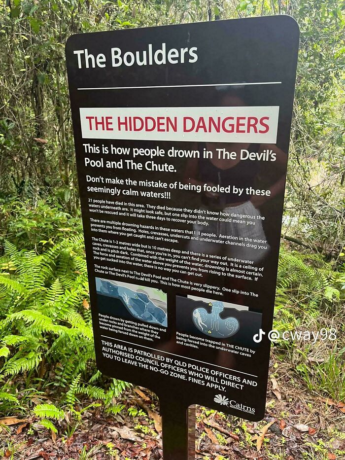Warning sign about hidden dangers and drowning risks at The Devil's Pool and The Chute, one of the scariest signs ever spotted in the wild.