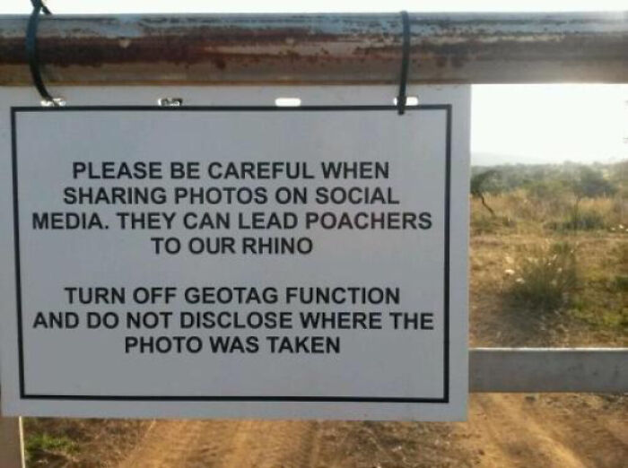 Warning sign advising to turn off geotag to prevent poachers, highlighting one of the scariest signs spotted in the wild.
