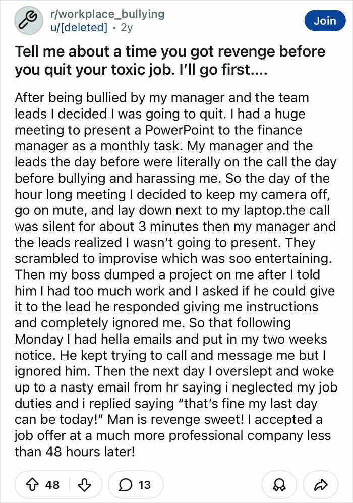 Reddit post describes petty and savage revenge on toxic bosses before quitting a toxic job after workplace bullying.